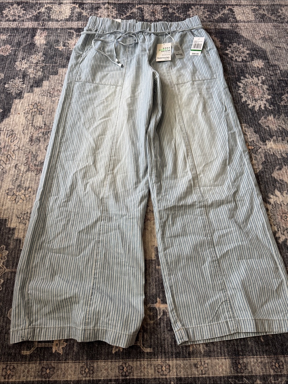 Kensie Pale Blue & White Pinstripe Wide-Leg Drawstring Pants